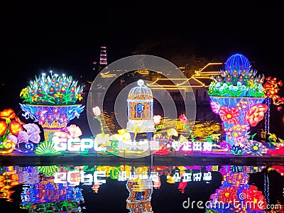 The night view of traditional Chinese lanterns in 13th Huizhou West Lake Lantern Festival in Huicheng Dist., Huizhou City, China Editorial Stock Photo