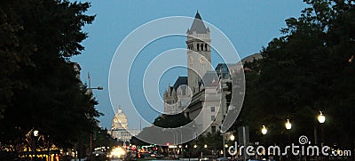 Night view The United States Capitol in the far of the avenue. Washington, D.C. United States of America Editorial Stock Photo