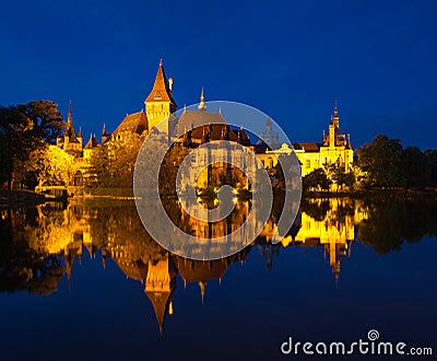 Night view of Vajdahunyad castle in Budapest Stock Photo