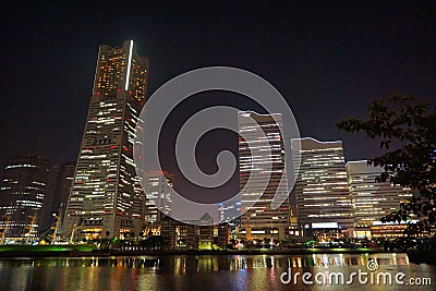 Night view of Yokohama, where there are canals, skyscrapers, Ferris wheels, etc Editorial Stock Photo