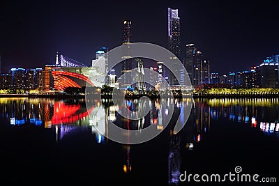 Night view of the Zhujiang New Town is a central business district in Tianhe District, Guangzhou, Guangdong, China. Editorial Stock Photo