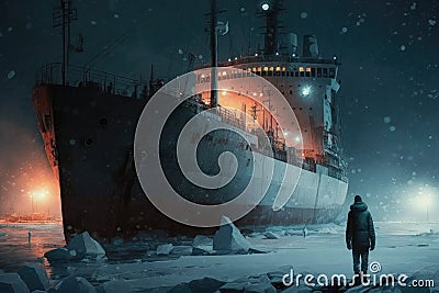 night views of standing in harbor icebreaker and ships Stock Photo