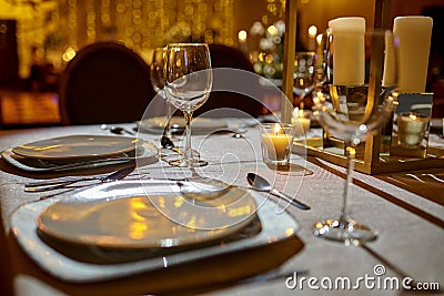 Night wedding with candles and flower table decoration Stock Photo