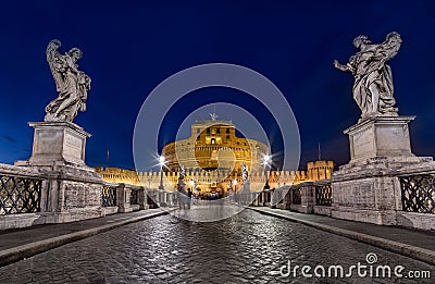 Night wide angle view of Castel Santangelo in Rome. Long exposure City lights Editorial Stock Photo