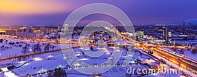 Night winter aerial panorama of Minsk, Belarus Stock Photo