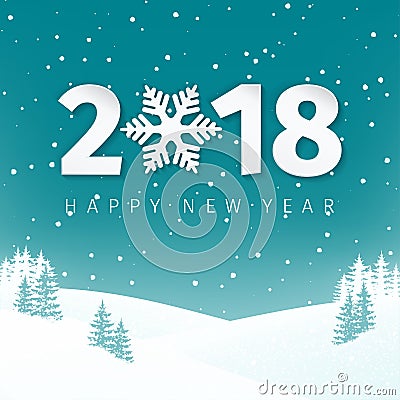 Night winter scene landscape background with snowy field and fir trees. Happy New Year 2018 numbers with snowflake. Vector Illustration