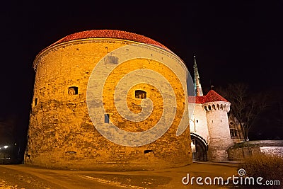 Night winter view of the famous medieval Fat Margaret Tower in historical part of Tallinn. Stock Photo