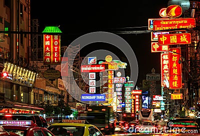 Night at Yaowarat road, the main street of China town Bangkok. Editorial Stock Photo