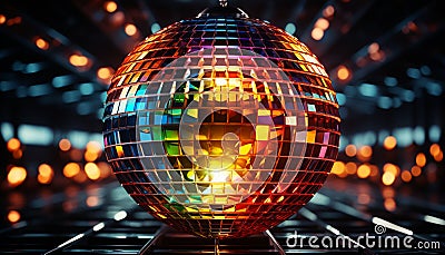 Nightclub disco ball shining, illuminating vibrant dance floor with glowing lights generated by AI Stock Photo