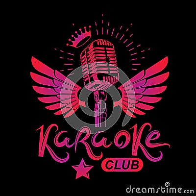 Nightclub karaoke advertising poster composed with winged stage Vector Illustration