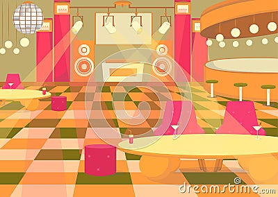 Nightclub with Lounge Area, Bar and Dance Floor Vector Illustration