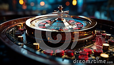 Nightclub roulette wheel spins, igniting luck and gambling success generated by AI Stock Photo
