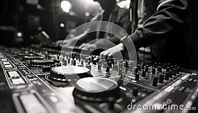 Nightclub stage, musician mixing, turntable, lighting equipment, party generated by AI Stock Photo