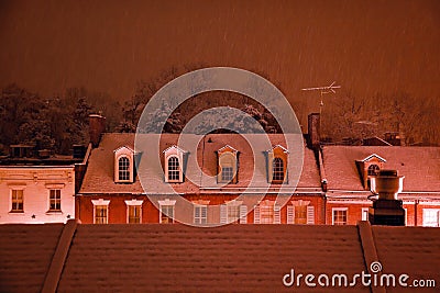 Nightime Snow Georgetown Rooftops Washington DC Stock Photo