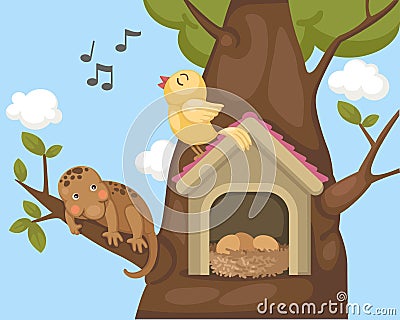 Nightingale bird on bird house Vector Illustration