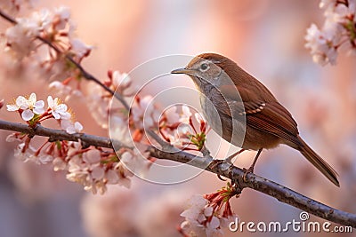 Nightingale hopping on pink cherry blossom tree Stock Photo