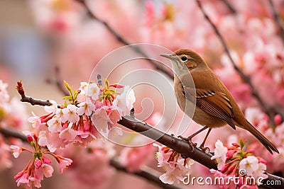 Nightingale hopping on pink cherry blossom tree Stock Photo