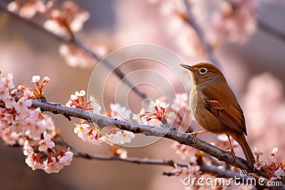 Nightingale hopping on pink cherry blossom tree Stock Photo