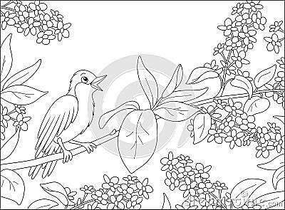 Nightingale singing on a branch with flowers Vector Illustration