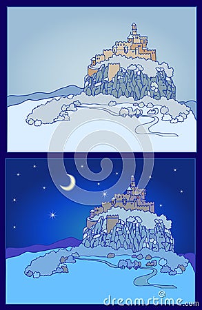 Nightly background with castle silhouette. Sketch, hand drawn Vector Illustration
