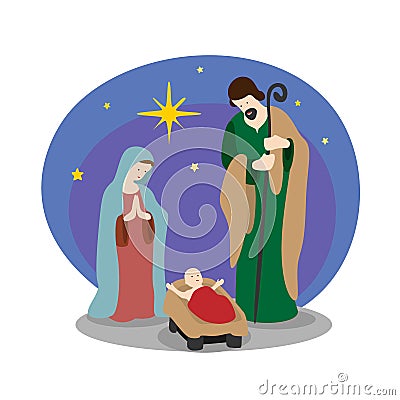 Nightly christmas scenery mary and joseph in a manger with baby Jesus and star light in night time , Simple charector style vector Vector Illustration