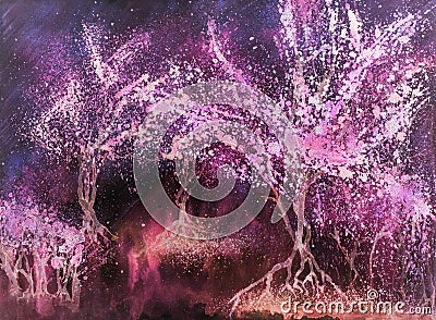 Nightly dream midst warm glowing trees. Stock Photo