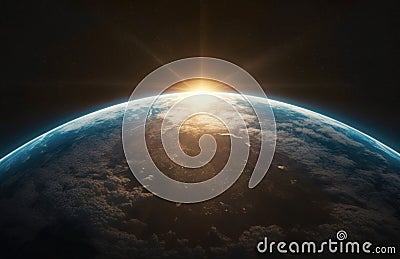 Nightly Earth planet in outer space with sun flare Stock Photo