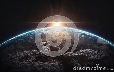 Nightly Earth planet in outer space with sun flare Stock Photo