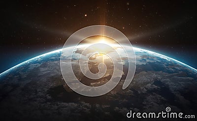 Nightly Earth planet in outer space with sun flare Stock Photo