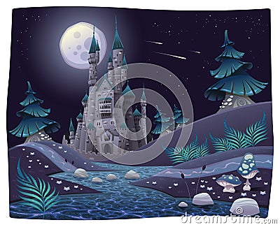 Nightly panorama with castle. Vector Illustration