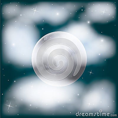 Nightly sky scene background with moon and cloudiness and stars Vector Illustration