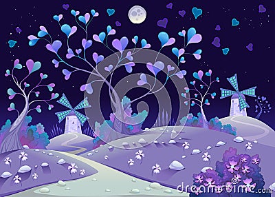 Nightly springy landscape with windmills Vector Illustration