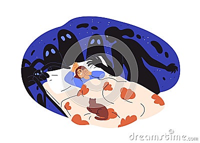 Nightmare, bad night horror dream concept. Scary monsters, creepy shadows around afraid frightened anxious woman in fear Vector Illustration