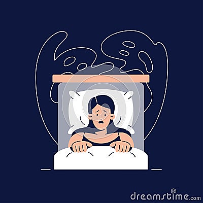 Nightmare disorder concept. Scared woman is waking up from a nightmare, lying in bed and being afraid of ghost. Sleeping Vector Illustration