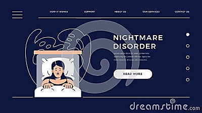 Nightmare disorder web template. Scared woman is waking up from a nightmare and lying in bed and being afraid of ghost Vector Illustration