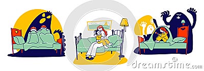 Nightmares Concept. Scared Children Sitting on Bed Hiding from Frightening Ghost under Blanket. Fearful Kids Vector Illustration