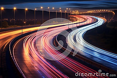 Nights journey unfolds on the illuminated ribbon of a highway Stock Photo