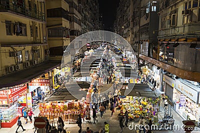 Nightscape of Fa Yuen Street Market in MongKok, Hong Kong Editorial Stock Photo