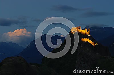 Nightscape of Sion, Switzerland at twilight Stock Photo