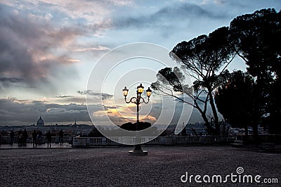 Nightscape with street lamp, Villa Borghese, Rome, Italy Editorial Stock Photo