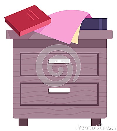 Nightstand with books. Wooden bedroom side table with drawers Vector Illustration