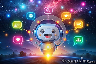 NightTime AI Chatbot Support Animated Speech Bubbles Showcase Friendly Communication and Generative AI in Customer Stock Photo