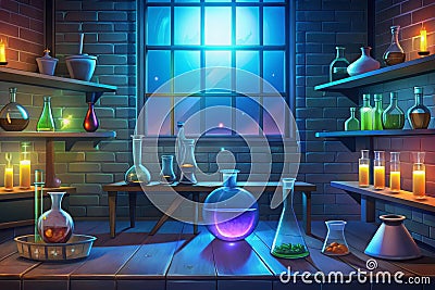 A nighttime alchemist's laboratory filled with mysterious potions and elixirs Stock Photo