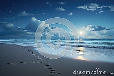 Nighttime Beach With Footprints and Full Moon, A serene moonlit beach with a coupleâ€™s footprints leading to the horizon, AI Stock Photo