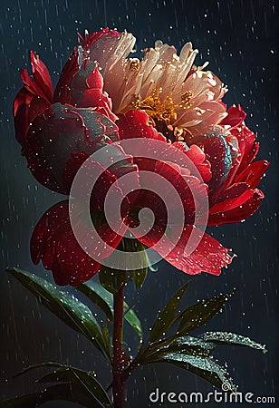 Nighttime Beauty: Sparkling Dew on Deep Colored Peonies During a Red and White Flower Rain Stock Photo