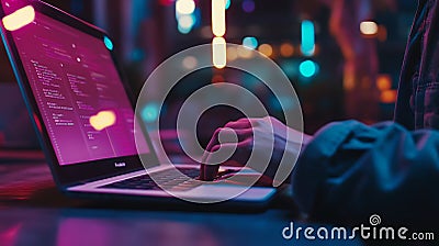 Nighttime Coding Session: Developer Working Late on Laptop Stock Photo