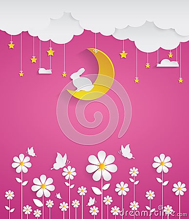 Nighttime with flowers and pink background Vector Illustration