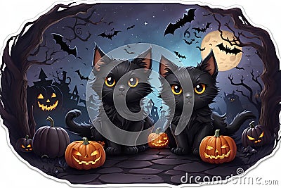 Couple Black cat and the pumpkin in Halloween scene Stock Photo