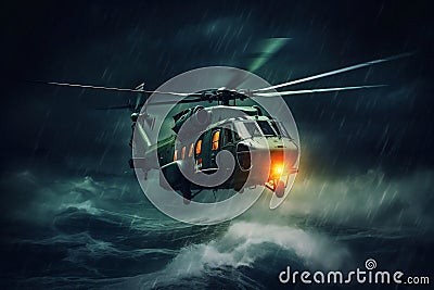 Nighttime Helicopter Rescue Mission in Stormy Sea. AI Stock Photo