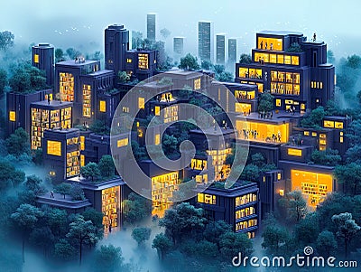 A nighttime image of a futuristic, illuminated architectural complex with angular shapes and modular design The Stock Photo